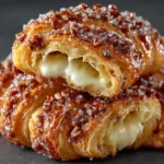 An extreme close-up shot of golden-brown puff pastry layers in a homemade cinnamon twist.