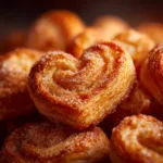 An extreme close-up shot of a single golden-brown, flaky puff pastry heart, showcasing its crispy layers and texture.