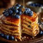 An extreme close-up shot of a thick, golden-brown banana oat pancake, highlighting its fluffy and airy texture.