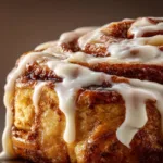 An extreme close-up of a single pumpkin cinnamon roll, highlighting the fluffy, spiced dough and the layers of cinnamon sugar filling.