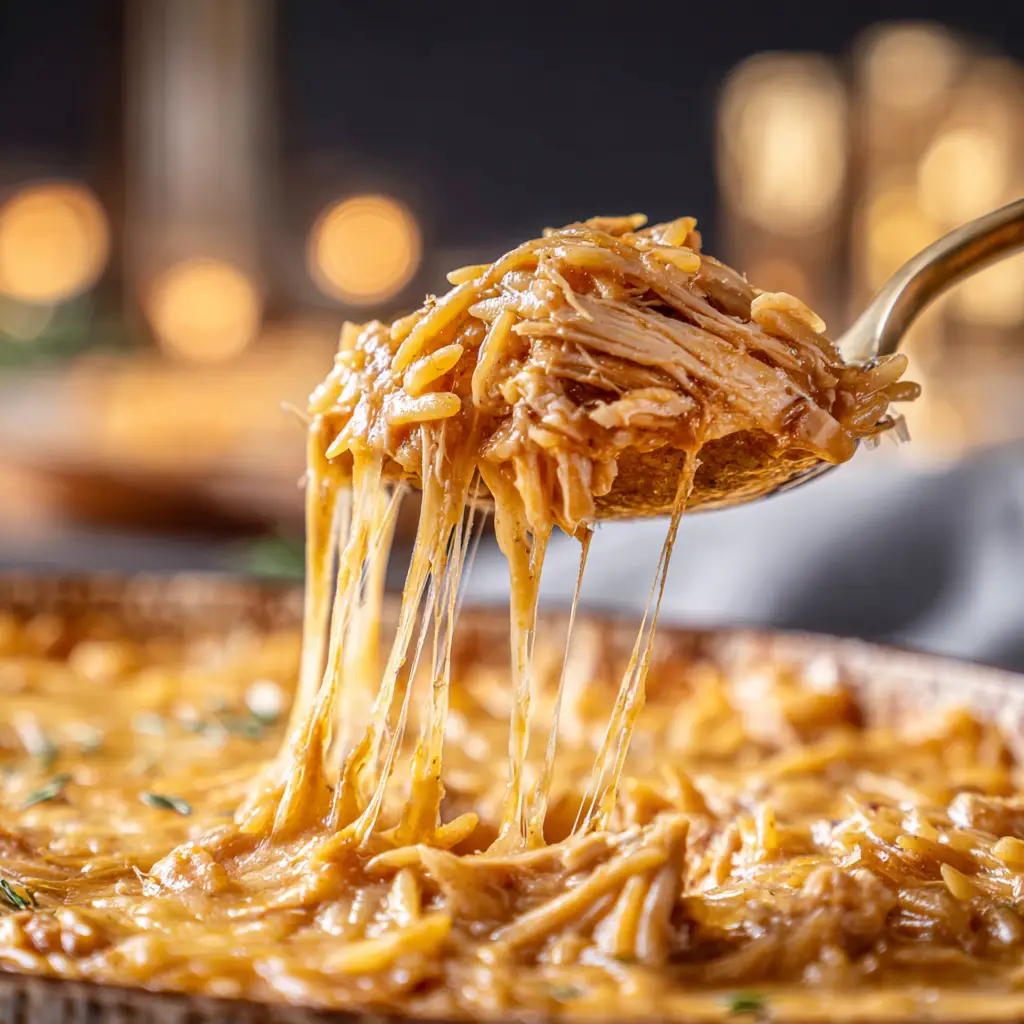 French Onion Chicken Orzo Casserole (The Ultimate Comfort Food!) 2 The French Onion Chicken Orzo Casserole in the skillet before it goes under the broiler, topped with baguette cubes and shredded cheese.