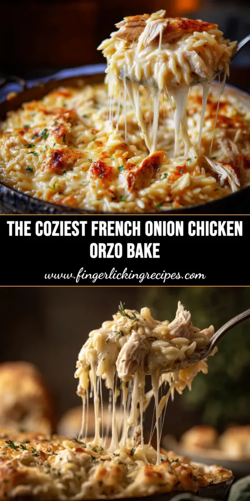 French Onion Chicken Orzo Casserole (The Ultimate Comfort Food!) 4 A top-down view of a delicious French Onion Chicken Orzo Casserole in a cast iron skillet, topped with bubbly, golden-brown Gruyère cheese.