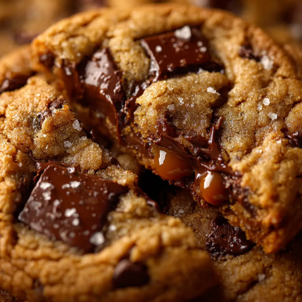 A top-down view of several brown butter toffee chocolate chip cookies scattered on a piece of parchment paper, fresh from the oven.
