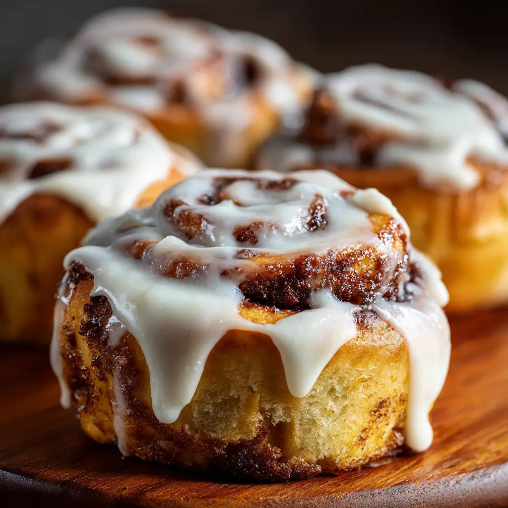 A baker spreading cream cheese frosting over warm homemade cinnamon rolls in a baking pan.