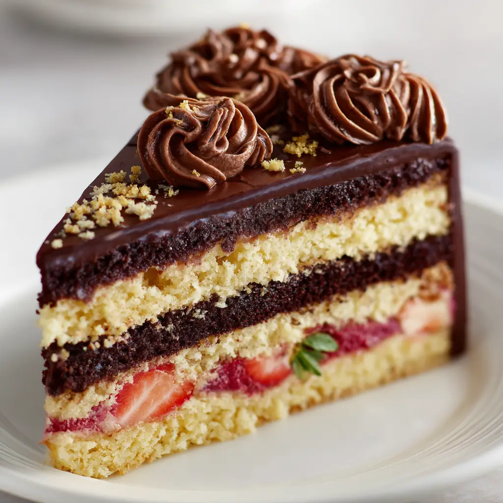 Neapolitan Cake Recipe (From Scratch!) 2 The full Neapolitan cake on a cake stand before being sliced, decorated with swirls of strawberry buttercream. A beautiful chocolate vanilla strawberry cake.