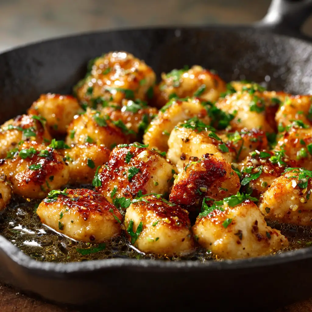 A serving of garlic butter chicken bites on a plate, paired with fluffy white rice and steamed green beans, ready to eat.