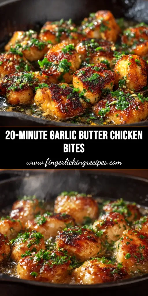 A top-down view of a skillet filled with golden-brown Garlic Butter Chicken Bites, garnished with fresh parsley. A fork rests on the side.