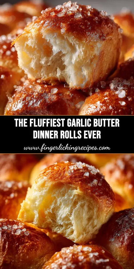 A pan of freshly baked, golden brown Garlic Butter Dinner Rolls being pulled apart, showing their soft and fluffy texture. The rolls are glistening with melted garlic herb butter.