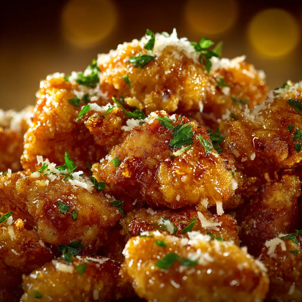 A bowl of finished garlic parmesan chicken bites tossed in a buttery sauce and garnished with parsley.