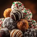 A close-up shot of several gingerbread cookie balls coated in white chocolate, showing their rich, spiced interior.