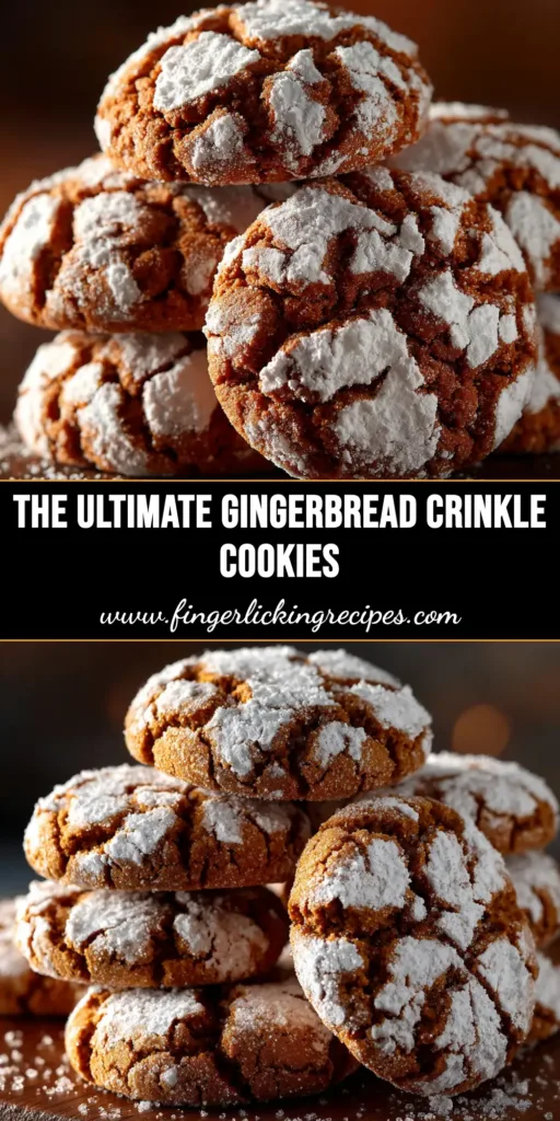 A close-up shot of chewy gingerbread crinkle cookies stacked on a plate, with a festive holiday background. The cookies have a perfectly crackled, powdered sugar top.