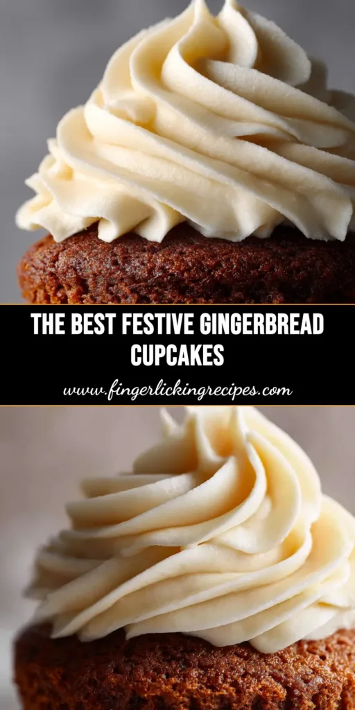 A beautiful overhead shot of festive Gingerbread Cupcakes topped with swirls of white cream cheese frosting and a mini gingerbread man cookie.