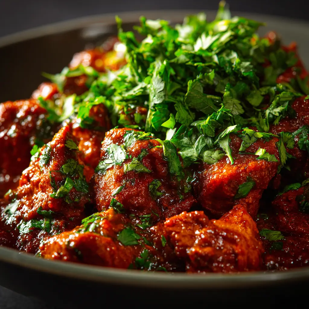 A bowl of flavorful Goan chicken vindaloo ready to be served with rice, emphasizing the dish's vibrant and appetizing appearance.