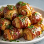 An extreme close-up of golden brown baked gourmet pigs in a blanket showing the flaky layers of the puff pastry.