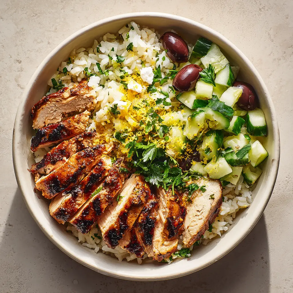 Greek Chicken Power Bowl: Your Ultimate Meal Prep Recipe 2 The ingredients for the Greek Chicken Power Bowl laid out, including marinated chicken, quinoa, and chopped vegetables.