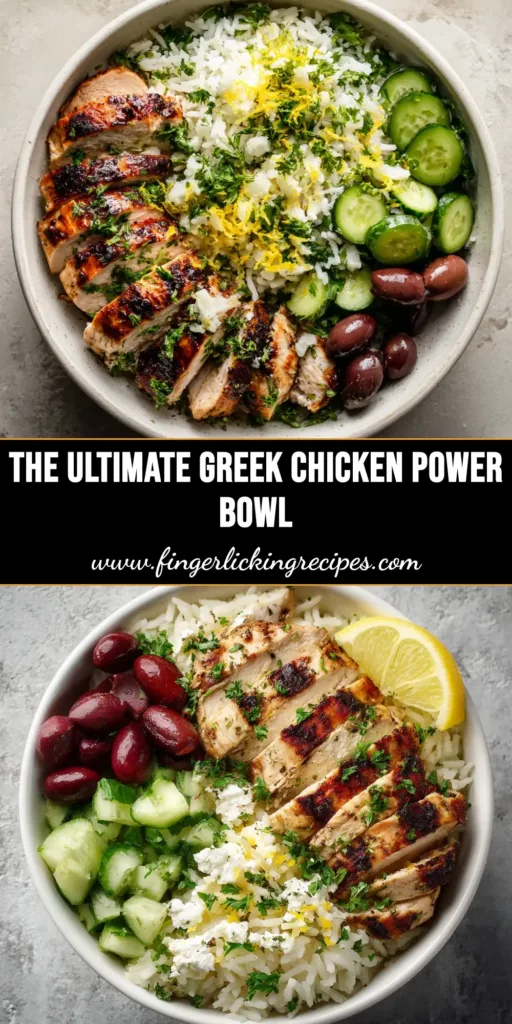 Greek Chicken Power Bowl: Your Ultimate Meal Prep Recipe 4 A vibrant Greek Chicken Power Bowl perfectly assembled for meal prep, featuring lemon herb chicken, quinoa, fresh tomatoes, cucumber, and a side of creamy tzatziki dressing.