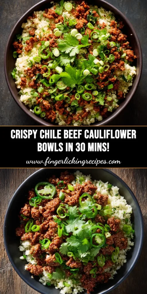 A delicious and healthy Ground Beef Cauliflower Bowl in a white bowl, topped with fresh cilantro and avocado, ready to be pinned.