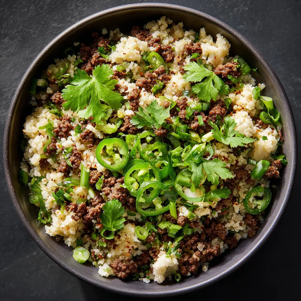 A close-up shot of the savory ground beef and cauliflower rice mixture cooking in a skillet.