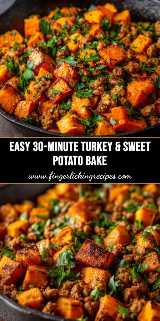 An overhead shot of a savory Ground Turkey Sweet Potato Bake in a black cast-iron skillet, ready to be served. The dish is colorful with orange sweet potatoes and green herbs.