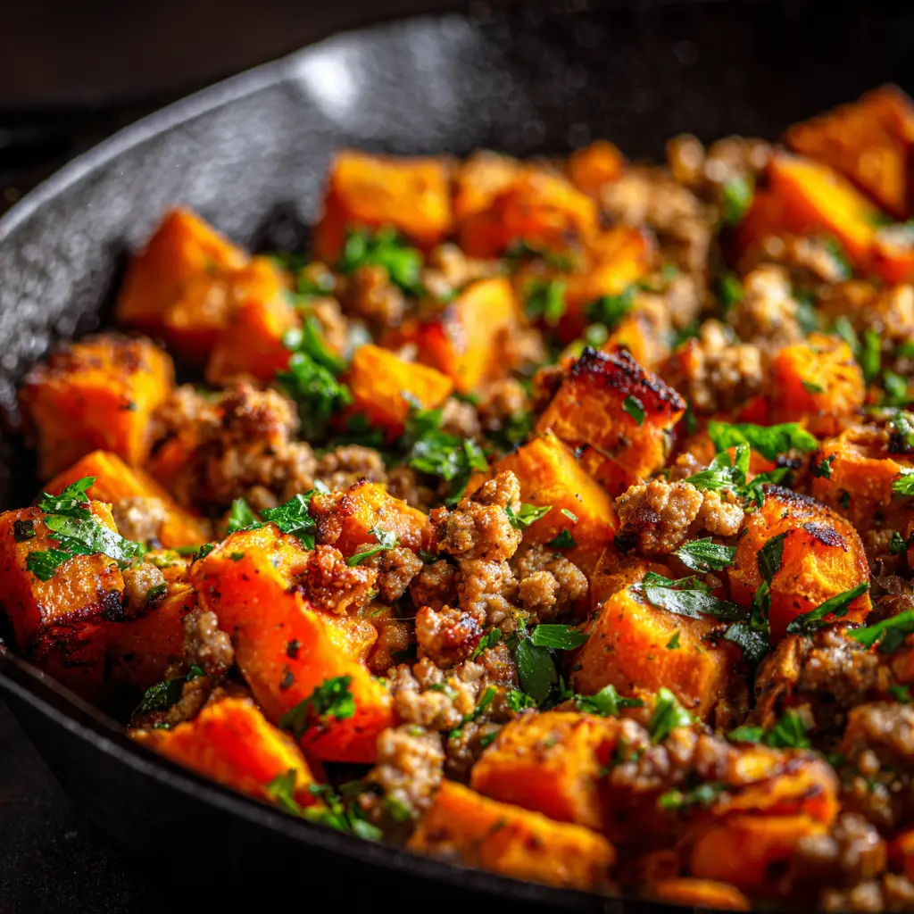 A serving of the ground turkey sweet potato casserole on a plate, garnished with fresh parsley.
