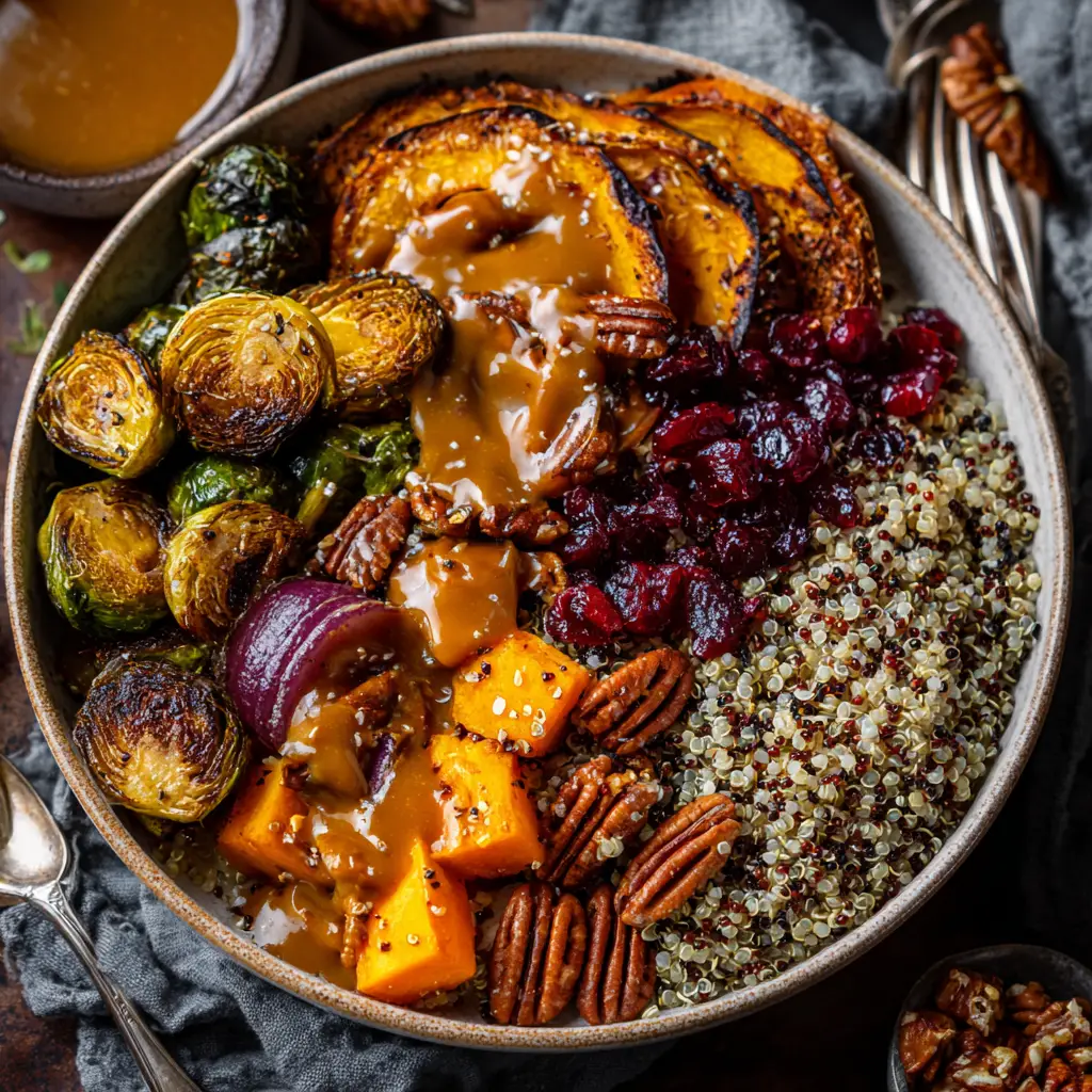 Autumn Quinoa Bowl with Maple-Tahini Dressing 3 An overhead flat lay of a nourishing harvest quinoa bowl with roasted vegetables. This image shows the colorful ingredients of the Autumn Quinoa Bowl.