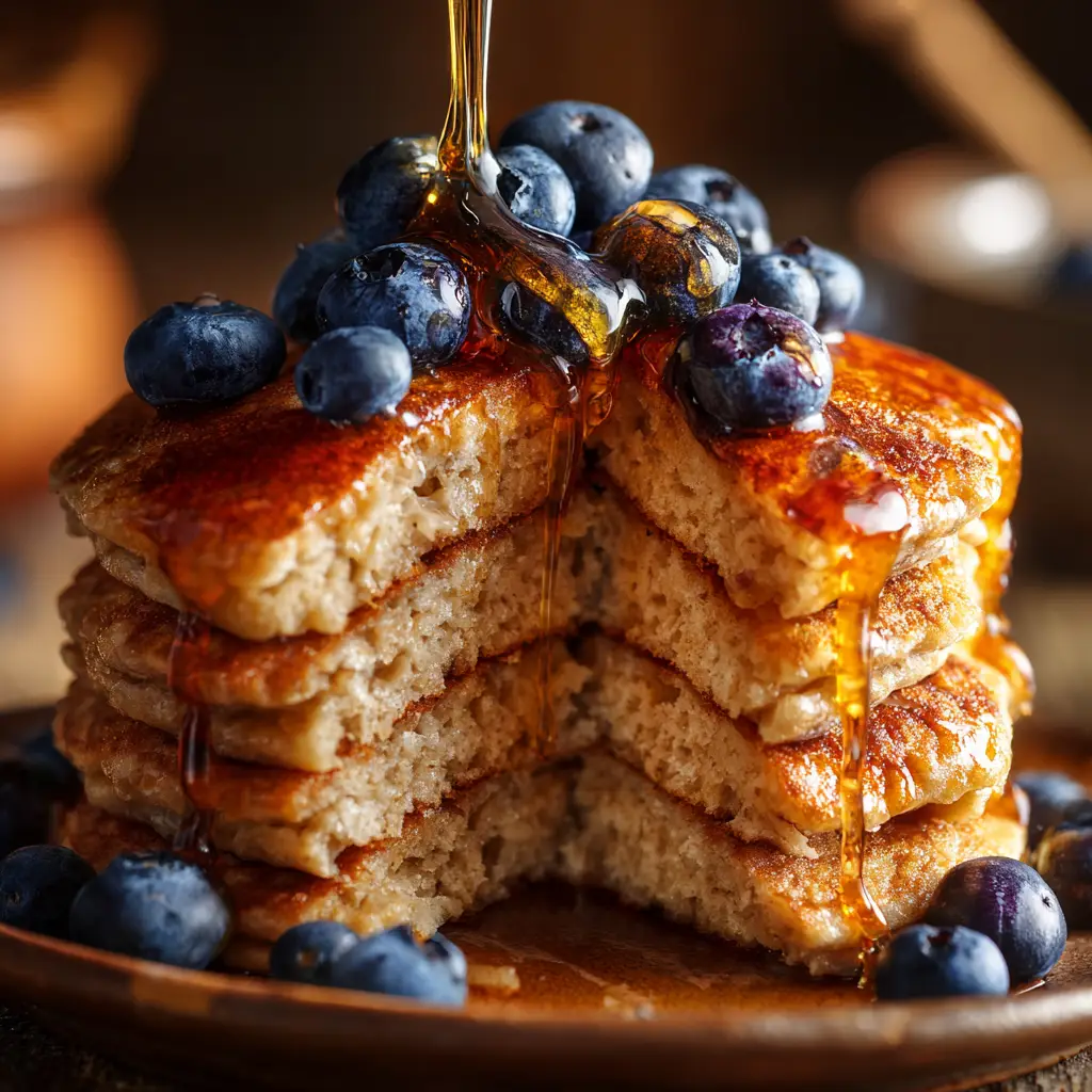 A stack of healthy banana oat pancakes being drizzled with rich maple syrup, with fresh bananas and blueberries nearby.