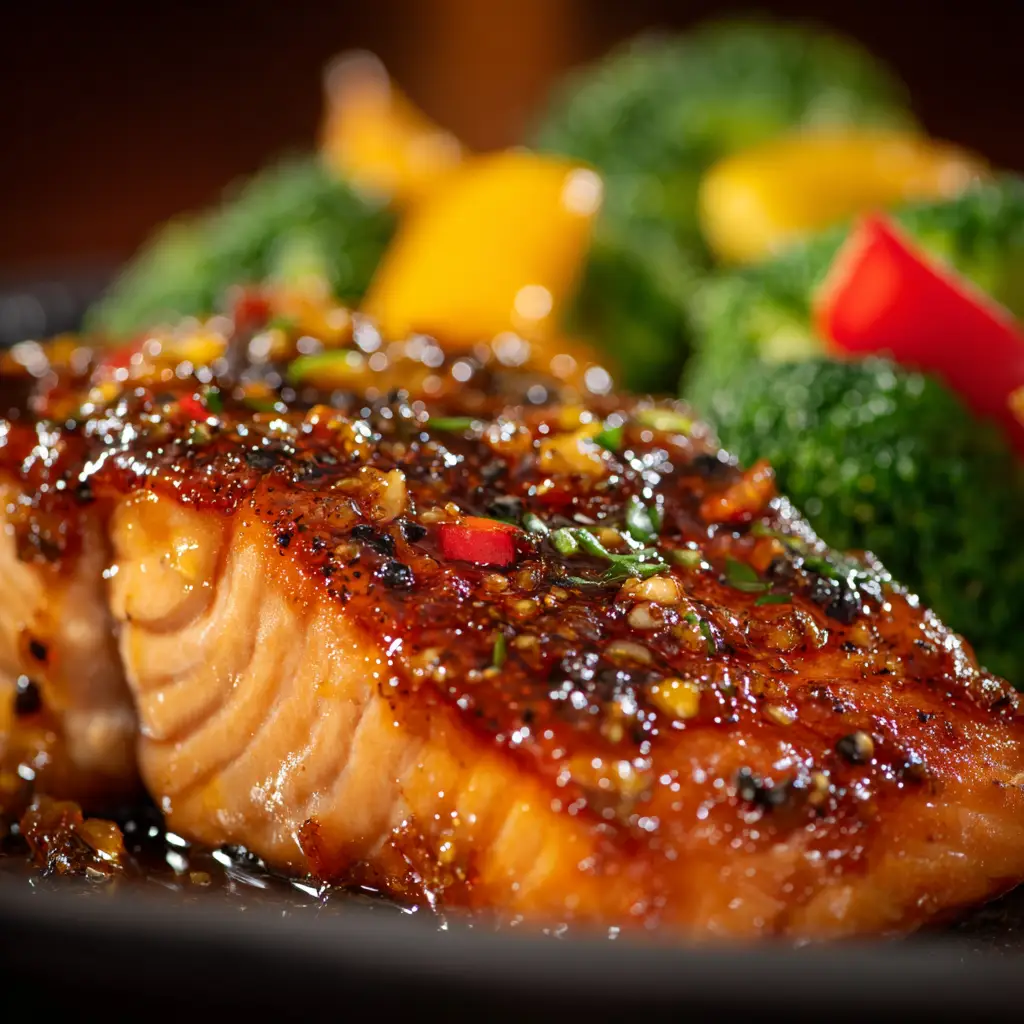 A close-up shot of a finished honey garlic salmon bowl, showcasing the flaky texture of the salmon next to steamed broccoli and fluffy white rice.