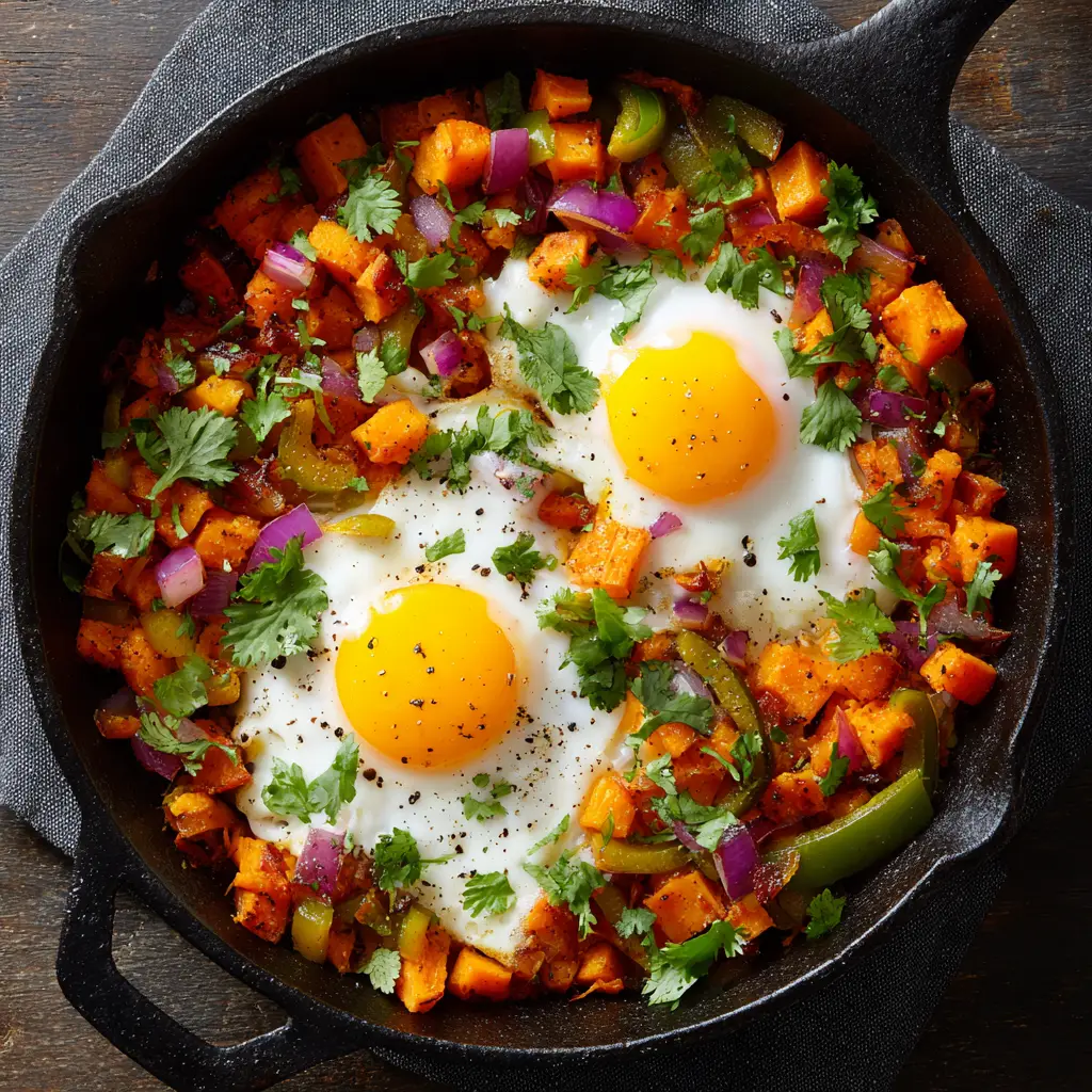 A close-up view of the Sweet Potato Breakfast Hash with a runny egg yolk being broken by a fork, ready to be eaten.