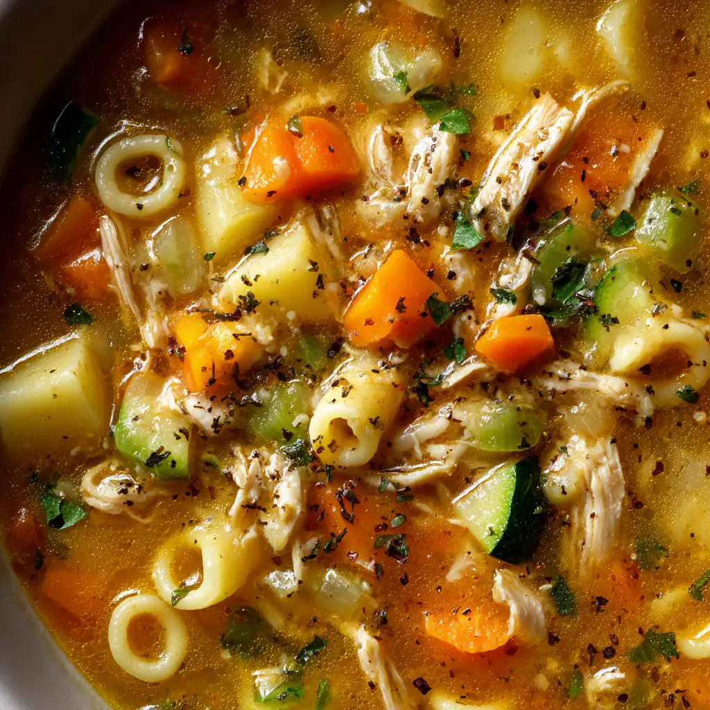 Turkey Vegetable Soup (The Ultimate Leftover Makeover) 3 A top-down view of a large Dutch oven filled with simmering healthy turkey soup with mixed vegetables like carrots, celery, and green beans.