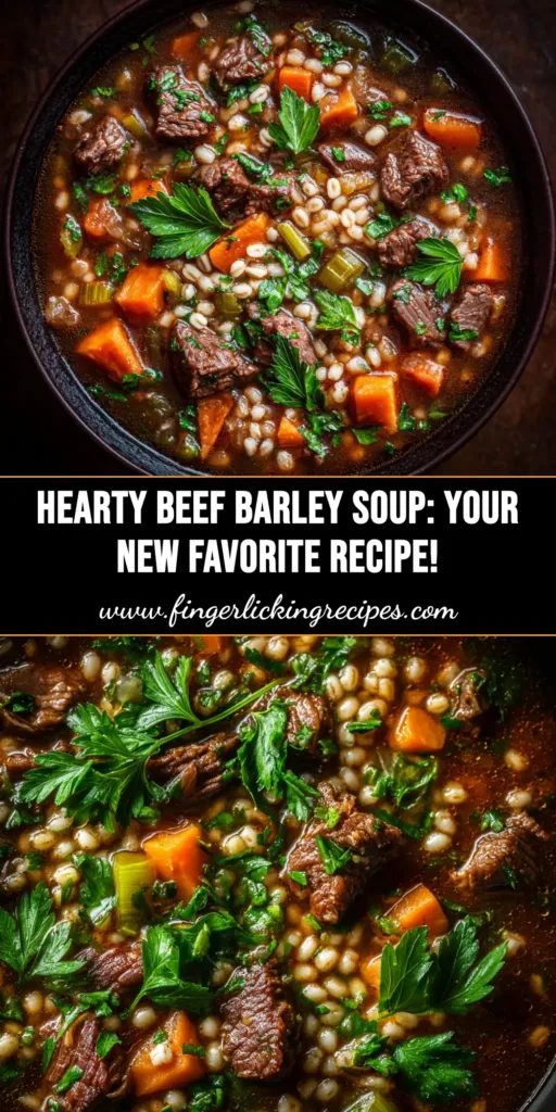 Hearty Beef Barley Soup (The Ultimate Comfort Recipe) 5 A close-up shot of a white bowl filled with hearty Beef Barley Soup, garnished with fresh parsley. A spoon rests in the bowl, ready to eat.
