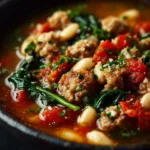 Italian Sausage White Bean Soup (The Ultimate Cozy Recipe) A Dutch oven filled with hearty sausage and white bean soup, simmering on a stovetop. The image highlights the colorful vegetables and rich broth of the one-pot meal.