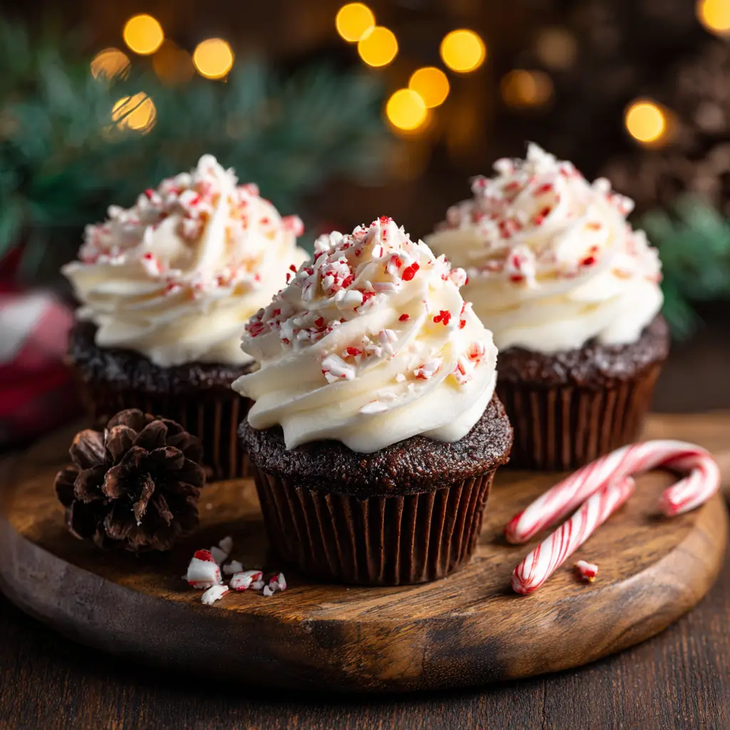 A detailed side view of a chocolate peppermint cupcake, showcasing the moist crumb and fluffy buttercream frosting. An easy holiday baking idea.