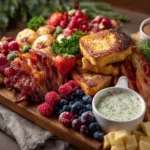 Christmas Breakfast Charcuterie Board: The Ultimate Holiday Guide A close-up view of a holiday breakfast board, highlighting mini pancakes, fresh strawberries, and crispy bacon.