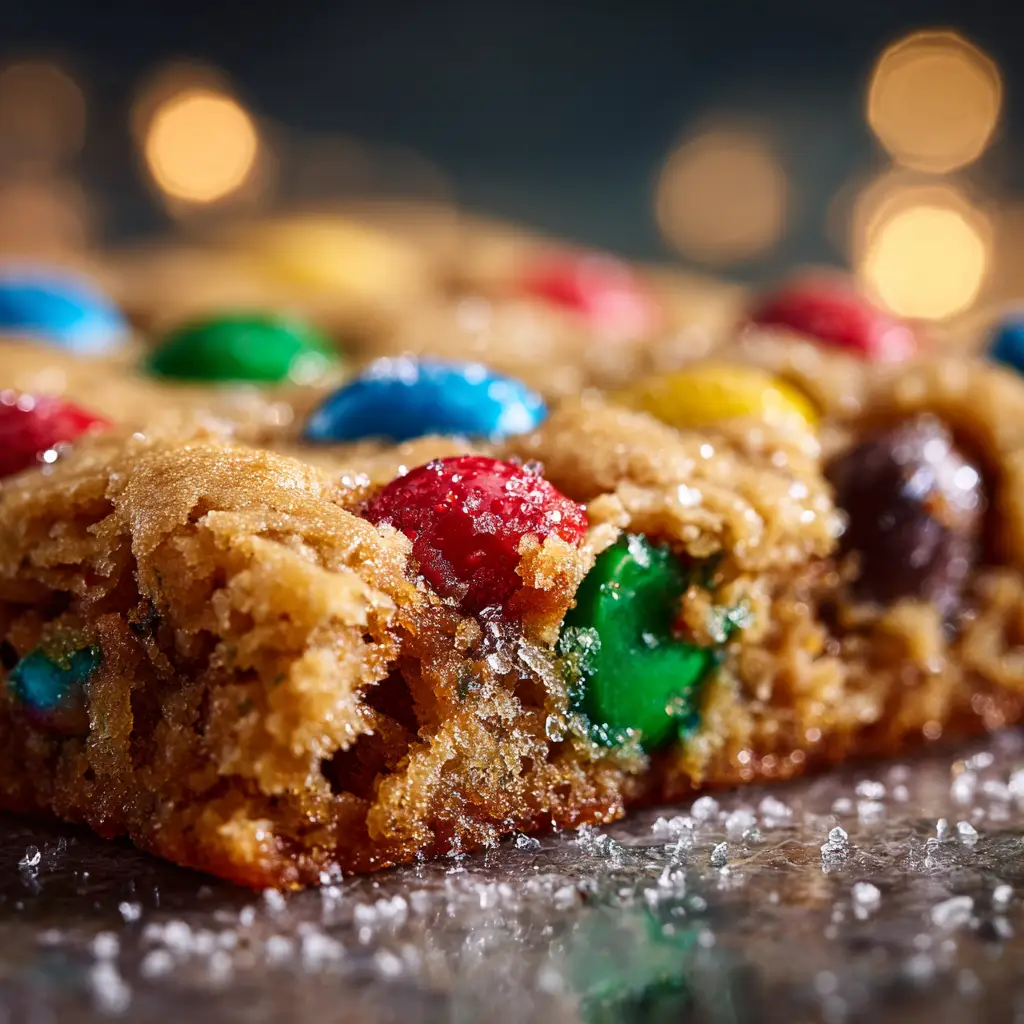 A stack of M&M Christmas cookie bars on a white plate, highlighting the festive red and green colors and gooey chocolate.