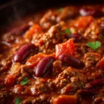 Ground Beef Chili Recipe (The BEST Classic Chili) A close-up shot of homemade chili simmering in a pot, showing chunks of ground beef, beans, and a rich tomato-based sauce.