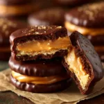 A batch of homemade chocolate-dipped peanut butter Ritz cracker cookies cooling on a piece of parchment paper.
