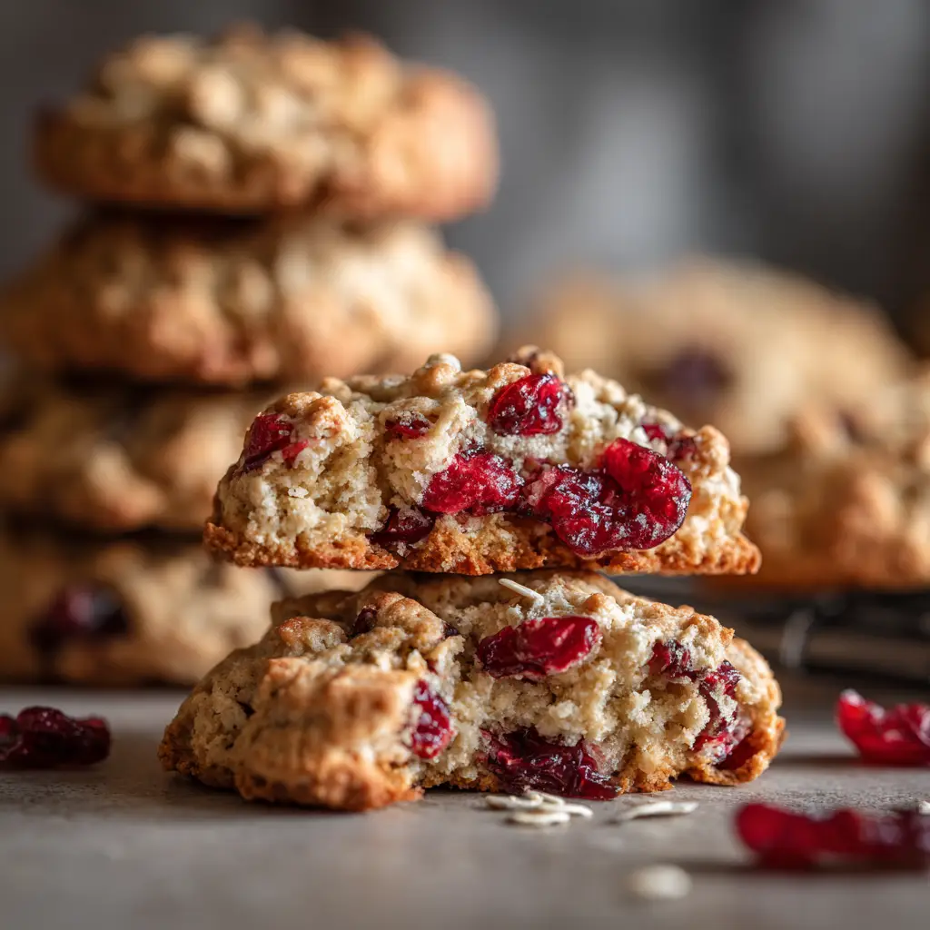 Cranberry Oatmeal Cookie Bites (Easy & Chewy Recipe) 2 A stack of freshly baked cranberry oatmeal cookie bites on a cooling rack, with a blurred kitchen background.
