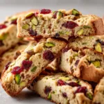 A close-up shot of freshly baked Cranberry Pistachio Biscotti slices arranged on a wire cooling rack.