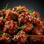 An extreme close-up shot of crispy, bite-sized honey BBQ chicken pieces, glistening with a sweet and sticky homemade sauce.