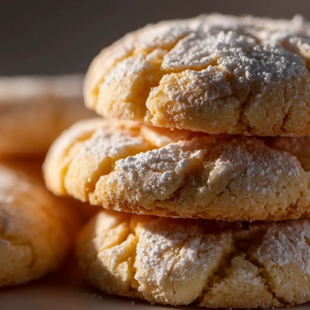 A stack of freshly baked lemon sugar cookies on a cooling rack. The cookies have a beautiful golden edge and a soft center, showcasing the results of the easy lemon cookie recipe.