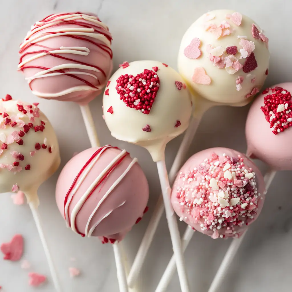 Valentine's Day Oreo Pops (Easy No-Bake Treat!) 2 A close-up of homemade Oreo truffle pops being decorated with Valentine's Day heart sprinkles.