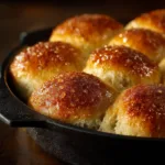 A batch of freshly baked homemade dinner rolls crowded together in a baking dish, showcasing their golden brown tops.