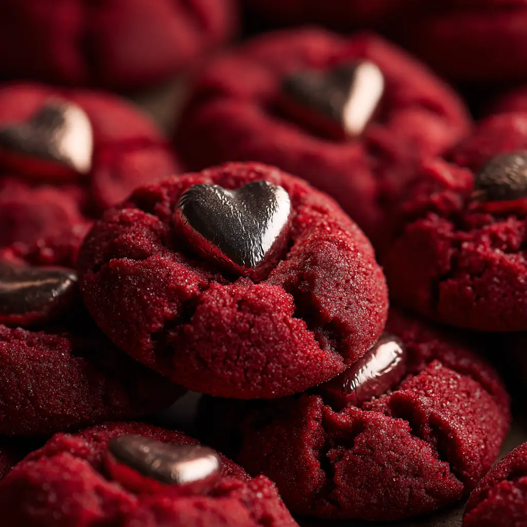 Red Velvet Blossom Cookies: The Ultimate Chewy Recipe 2 A stack of homemade red velvet blossom cookies, showing their soft texture and the iconic Hershey's Kiss melting slightly into the center.