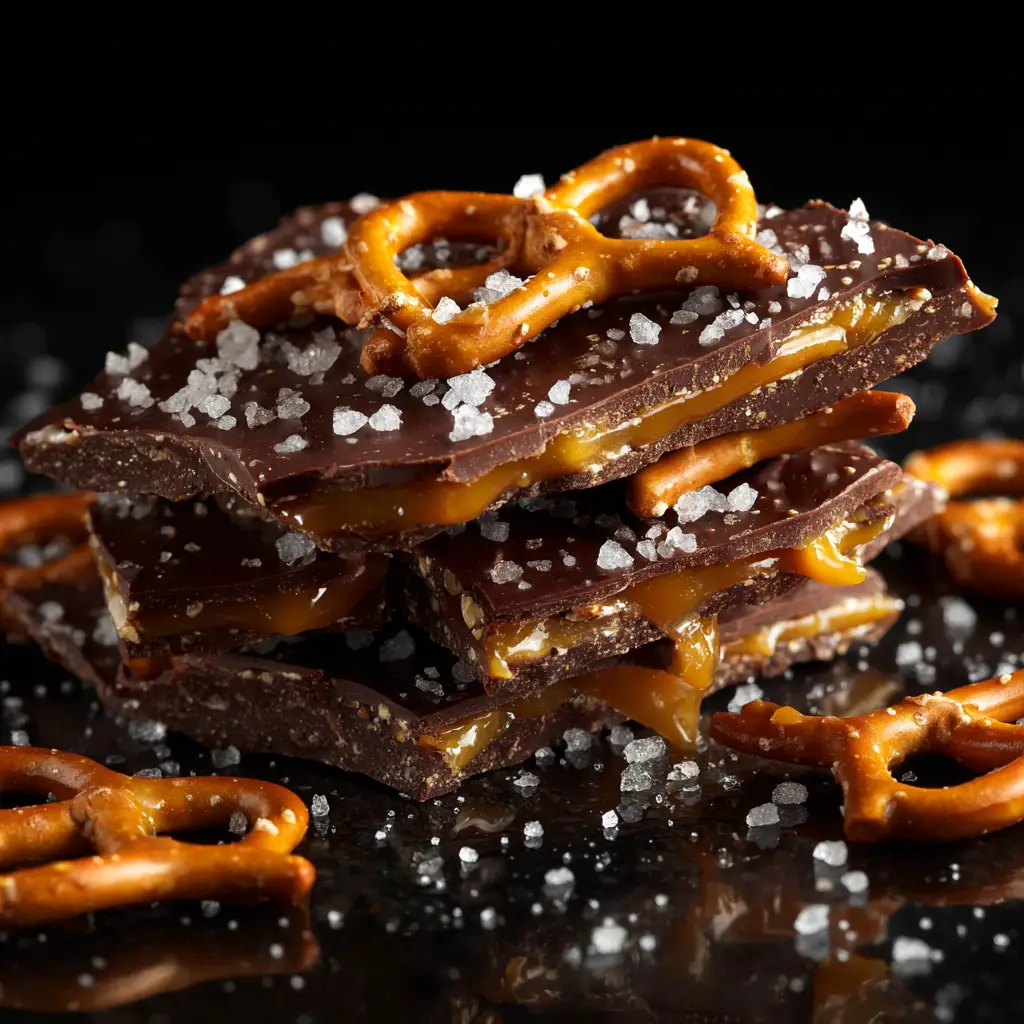 Salted Caramel Pretzel Bark: The Ultimate No-Bake Treat 2 A piece of salted caramel pretzel bark being broken in half, revealing the gooey caramel and pretzel interior.