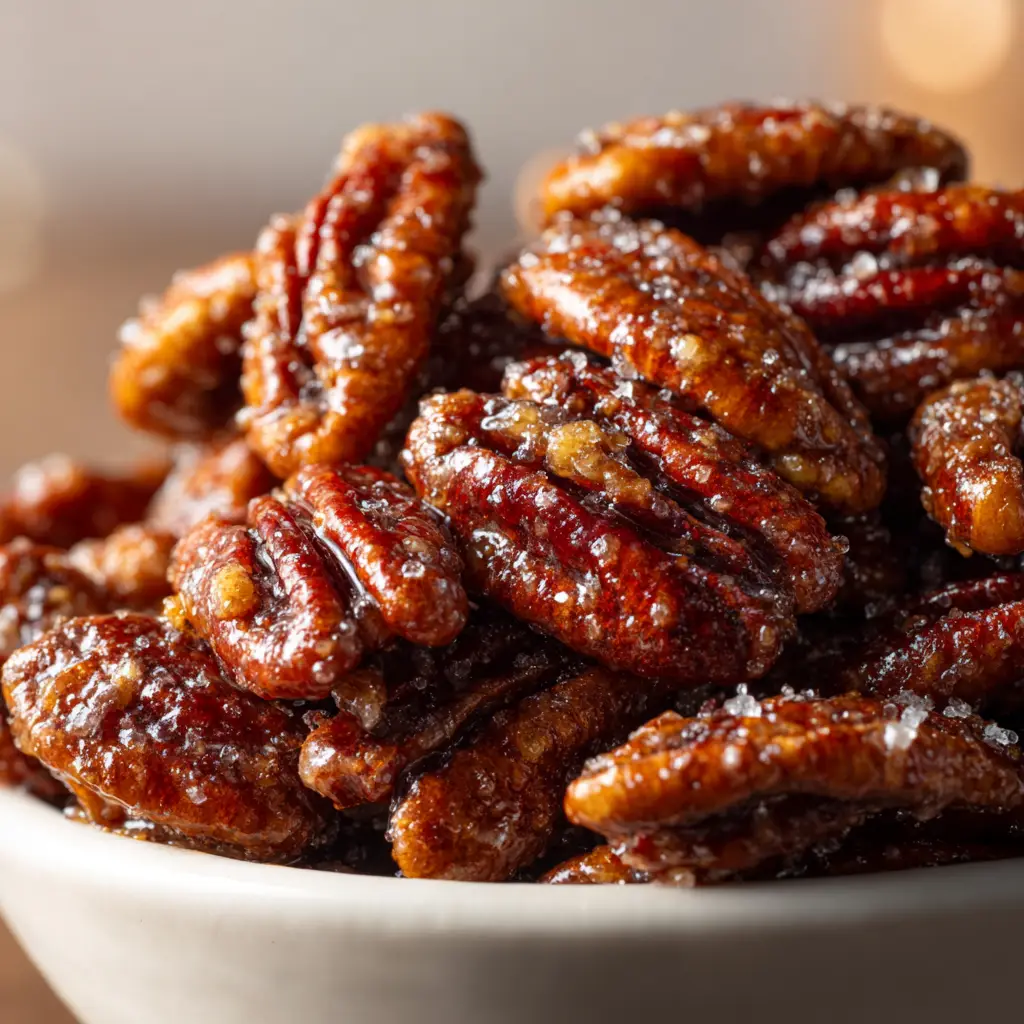 Slow Cooker Candied Pecans (The Easiest Holiday Treat) 2 A pile of freshly made slow cooker candied pecans cooling on parchment paper, ready to be enjoyed or given as a gift.