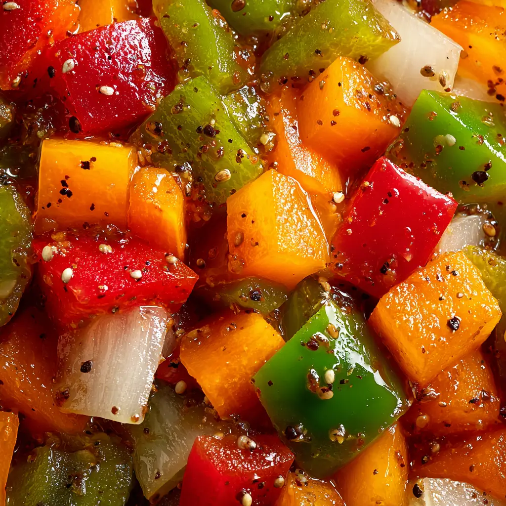 Sweet Pepper Relish Recipe (That's Sweet, Tangy, and Easy!) 3 An extreme close-up macro shot of chunky sweet pepper relish, highlighting the texture of the finely diced peppers and onions.