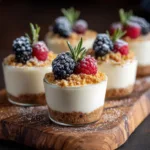 A collection of individual mini cheesecakes in small glass jars, an example of homemade sweet snacks.
