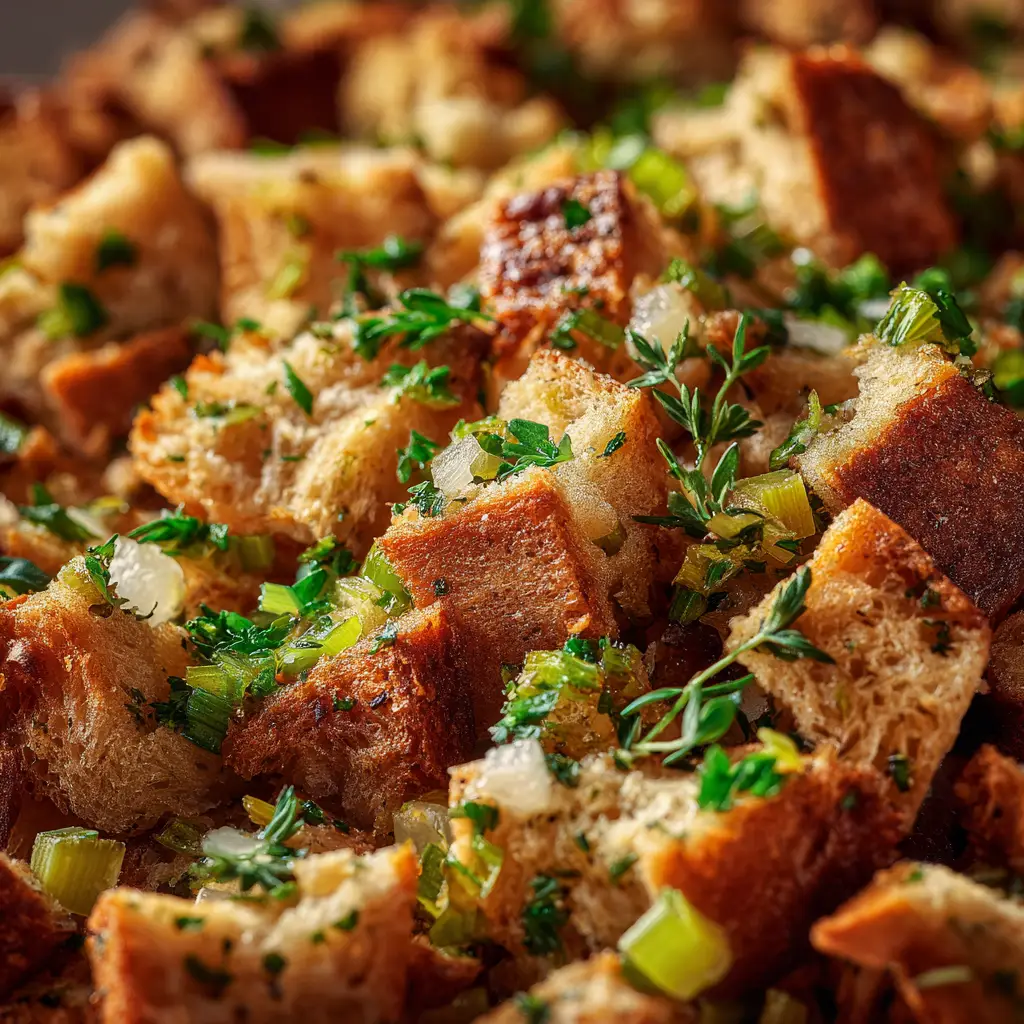 Thanksgiving Stuffing Recipe (The Only One You'll Ever Need) 3 An extreme close-up shot showing the texture of homemade Thanksgiving stuffing, with visible pieces of celery, onion, and herbs.