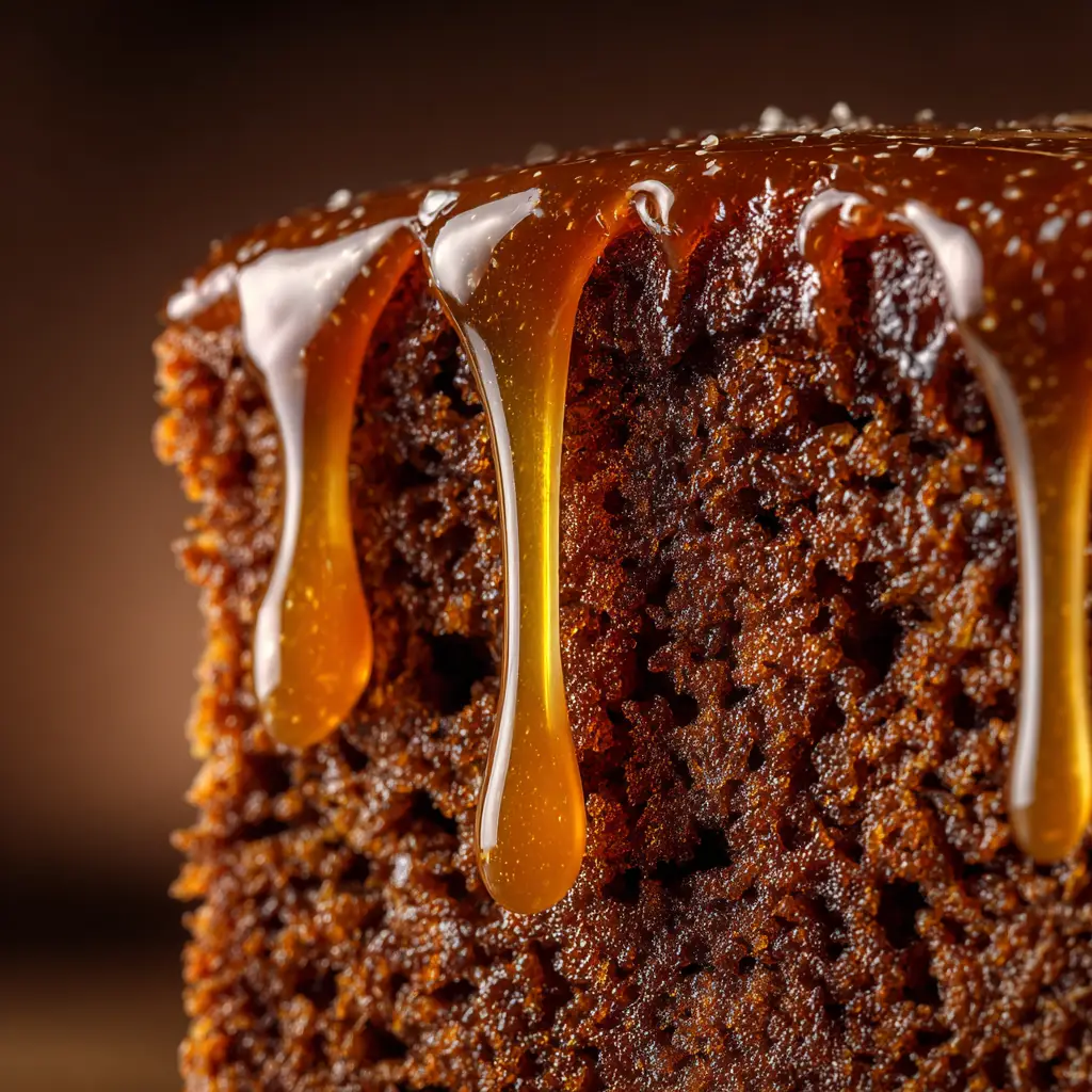 Silky, buttery toffee sauce being poured over a warm slice of sticky date pudding, creating a decadent dessert.