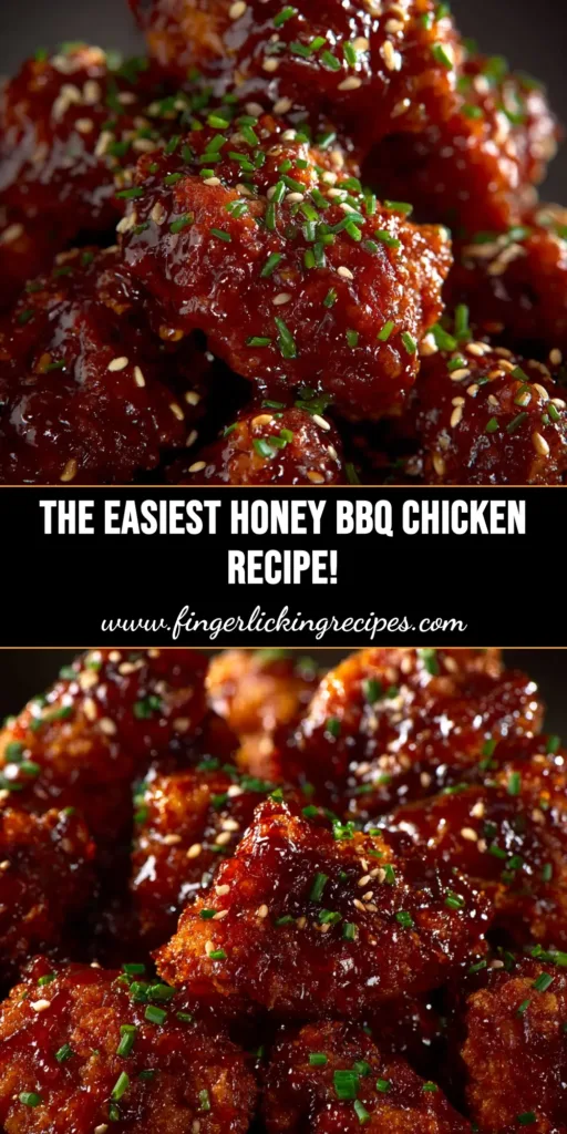 Honey BBQ Chicken: The Ultimate Guide to a Sweet & Sticky Dinner 4 A shareable pin image for the Honey BBQ Chicken recipe, showing glazed chicken bites on a plate with text overlay.